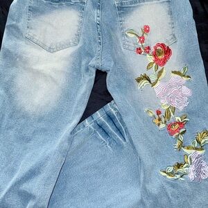 Crazy Daisy Y2K Embroidered Floral Jeans Light Wash Cottagecore Festival